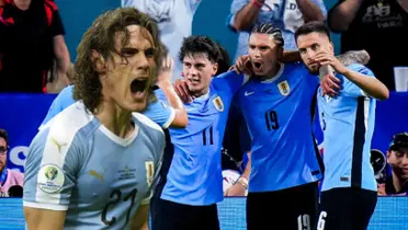 Edinson Cavani y los jugadores de Uruguay festejando.