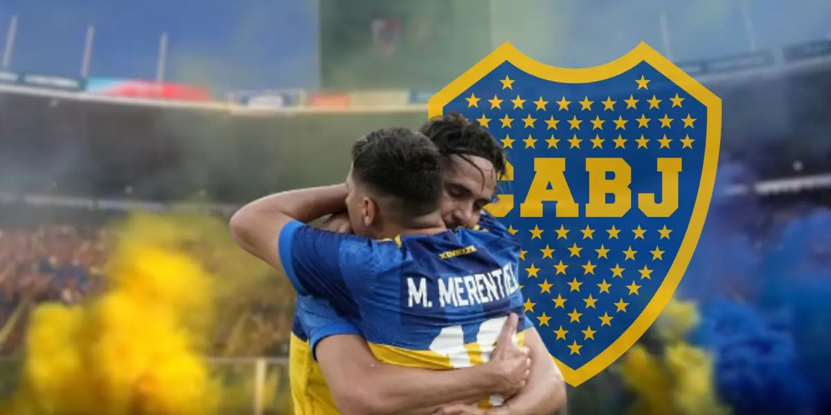 Edinson Cavani Y Miguel Merentiel se abrazan celebrando un gol de Boca Juniors