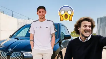 Federico Valverde con la camiseta del Real Madrid posando con su auto junto a Diego Forlán
