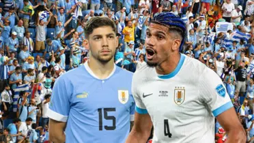 Federico Valverde y Ronald Araújo con hinchas uruguayos de fondo.