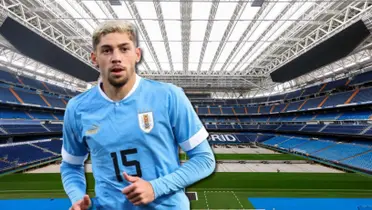 Federico Valverde con la camiseta de Uruguay y de fondo el Santiago Bernabéu.