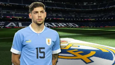 Federico Valverde con la camiseta de Uruguay y el Santiago Bernabéu de fondo.