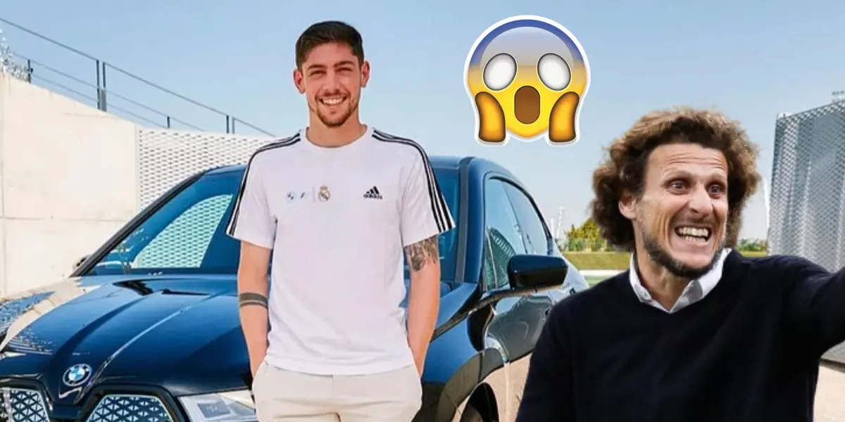 Federico Valverde con la camiseta del Real Madrid posando con su auto junto a Diego Forlán