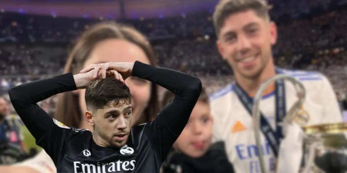 Federico Valverde con su esposa y su hijo, celebrando el título de Champions League en 2022