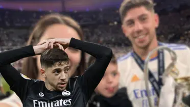 Federico Valverde con su esposa y su hijo, celebrando el título de Champions League en 2022