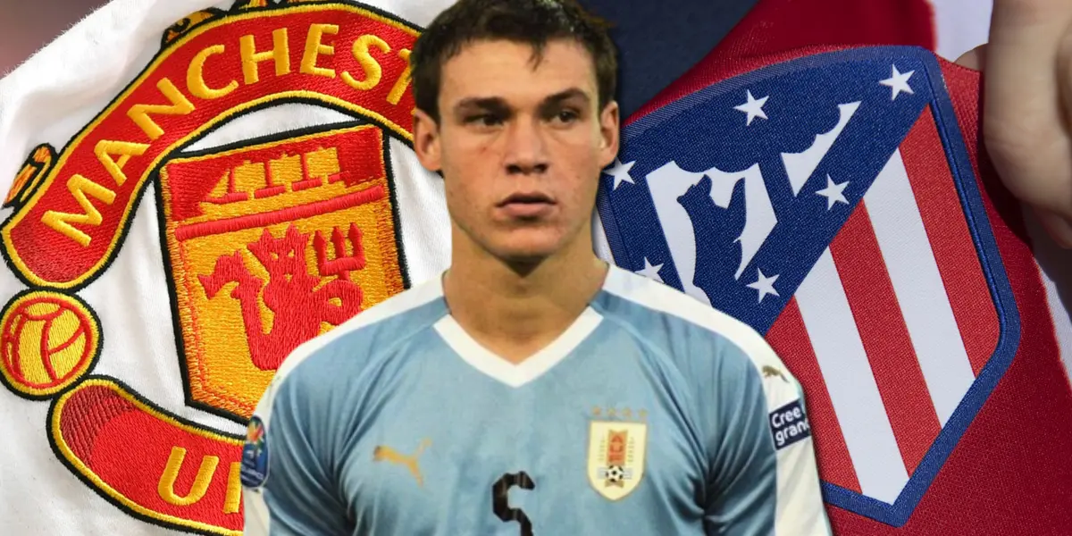 Manuel Ugarte con la camiseta de Uruguay junto a los escudos de Manchester United y Atlético Madrid.