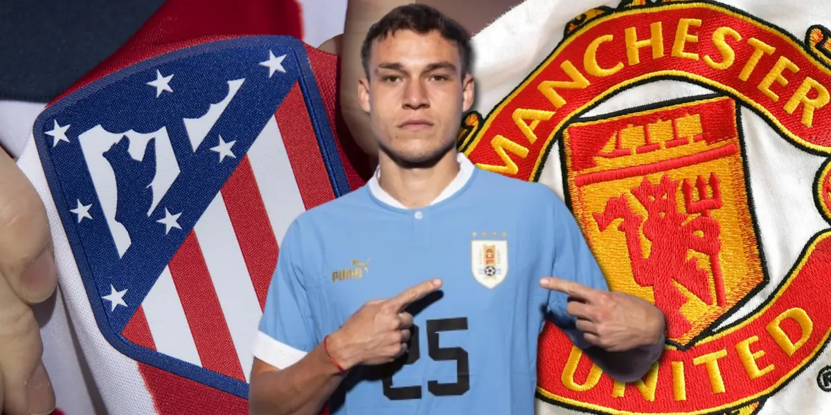 Manuel Ugarte con la camiseta de Uruguay y el escudo de Atlético Madrid y Manchester United.