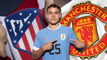 Manuel Ugarte con la camiseta de Uruguay y el escudo de Atlético Madrid y Manchester United.