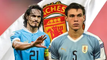 Manuel Ugarte junto a Edinson Cavani y el escudo de Manchester United.