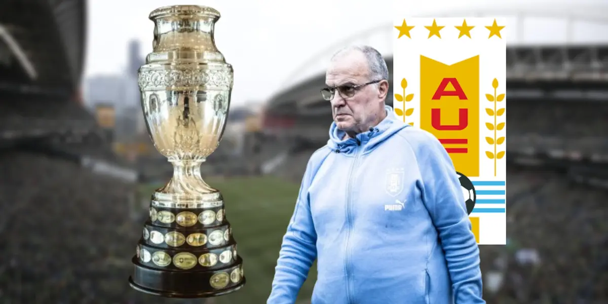 Marcelo Bielsa con el buzo de DT en la Selección de Uruguay