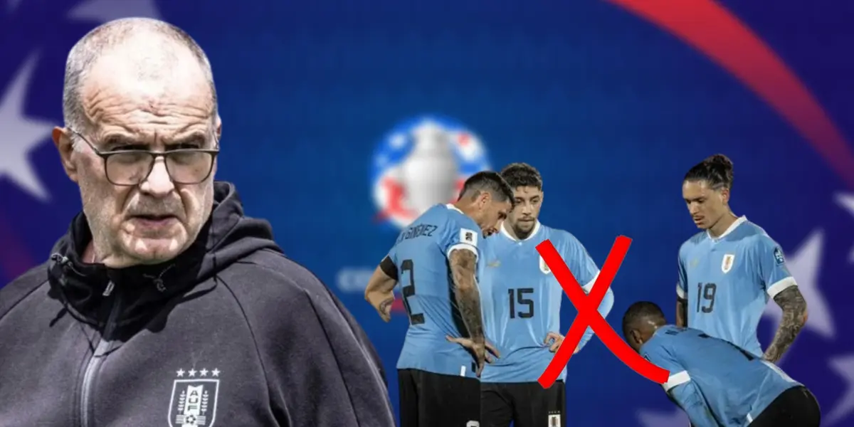 Marcelo Bielsa con el buzo de la Selección de Uruguay y varios jugadores de la Celeste