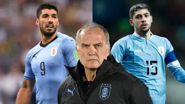 Marcelo Bielsa junto a Luis Suárez y Federico Valverde.