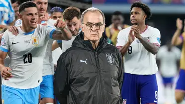 Marcelo Bielsa y de fondo jugadores de Uruguay y Estados Unidos.