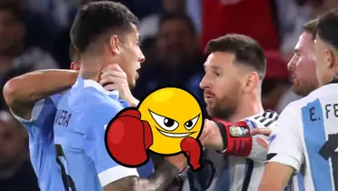 Mathías Olivera y Lionel Messi, pelea en el Uruguay vs Argentina 