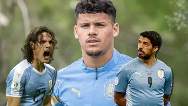 Maximiliano Araújo junto a Edinson Cavani y Luis Suárez con Uruguay.