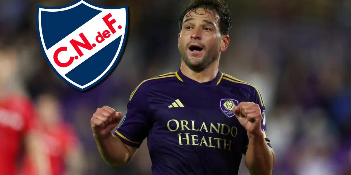 Nicolás Lodeiro con la camiseta del Orlando City y el escudo de Nacional.