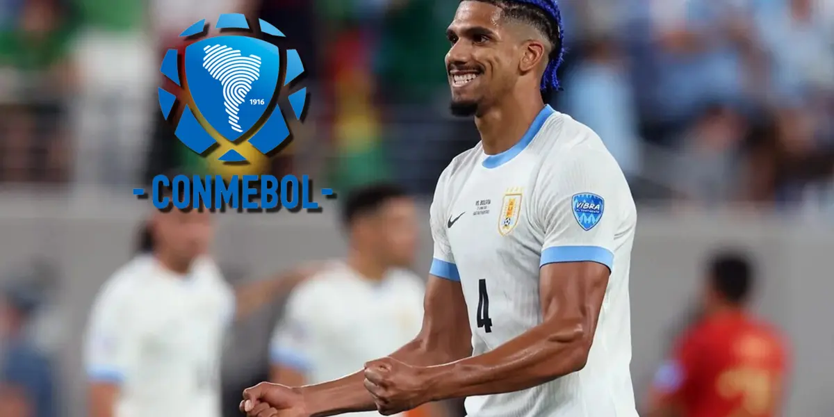 Ronald Araújo con la camiseta de Uruguay y el logo de Conmebol.