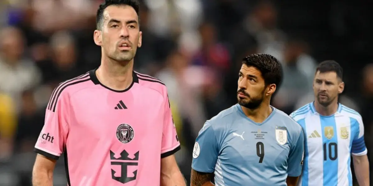 Sergio Busquets con la camiseta de Inter Miami junto a Luis Suárez y Lionel Messi.