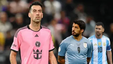 Sergio Busquets con la camiseta de Inter Miami junto a Luis Suárez y Lionel Messi.